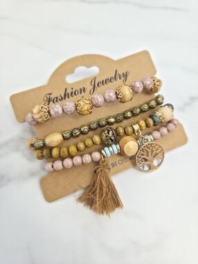 Elastic Boho Tree of Life Stackable Beaded Bracelet Set 4 Pieces